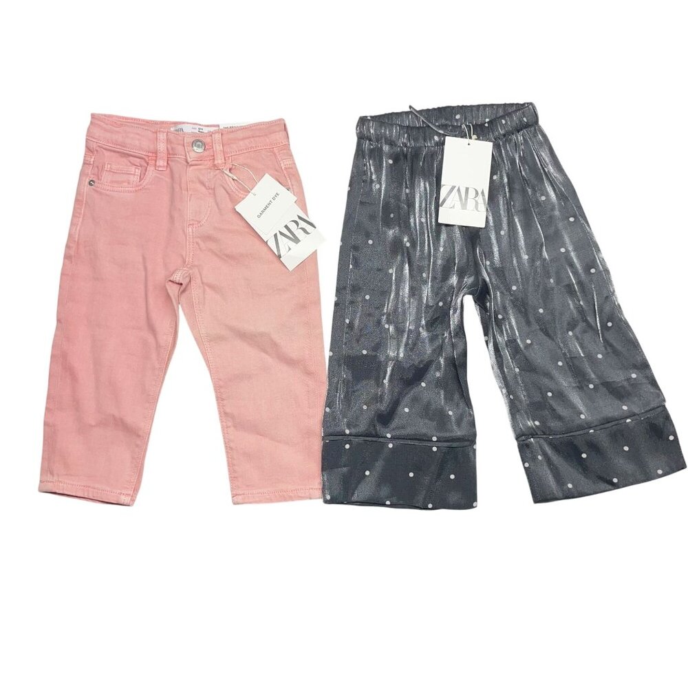 NWT Zara 12-18 mos Pant Bundle Pink Jeans + Gray White Polka Dot Wide Leg Viscos